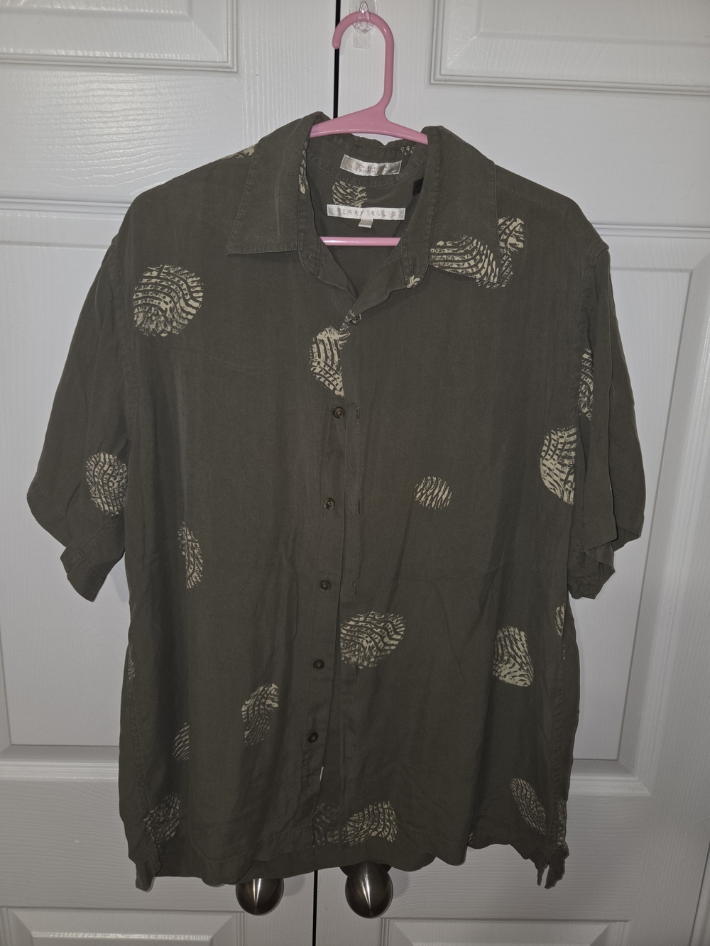 Perry Ellis Olive Green Short-Sleeve Button-Down with Cream Abstract Spots